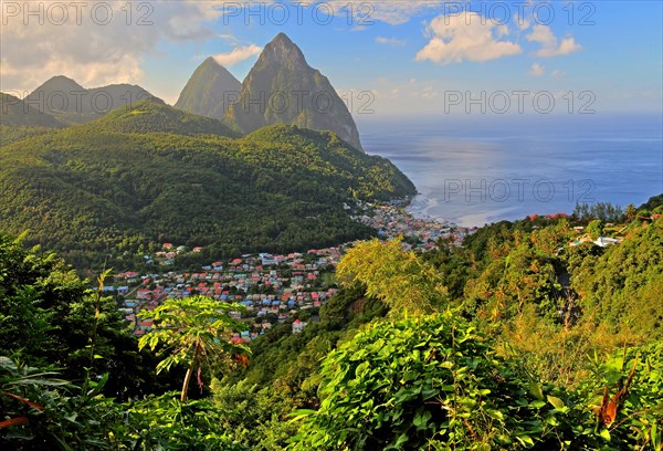 Tropical landscape with view of the village and the two Pitons