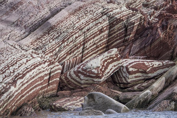 Limestone coloured red by iron and whitish-yellow dolomite