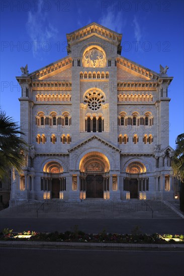 Neo-Romanesque Notre-Dame-Immaculee at dusk