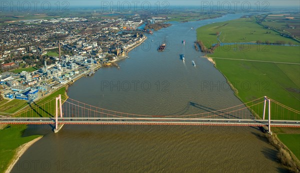 Aerial view of the Emmerich Rhine Bridge during flooding