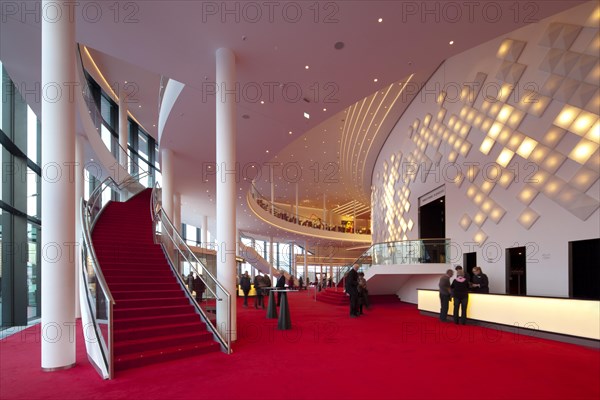 Large foyer on two floors with decorative light installation