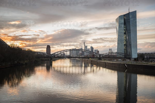 New European Central Bank and skyline at sunset