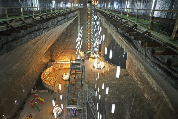 Salt mine Salina Turda with view to the Mina Rudolf and the amusement park