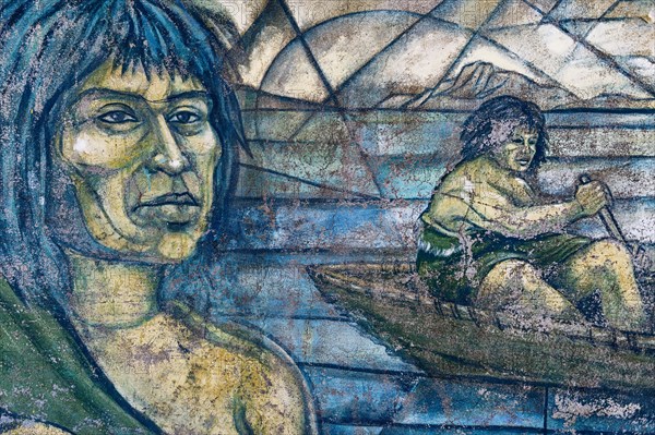 Mural painting representing the â€œCultural heritage of the Aonikenk and Kaweshar ethnic groupâ€