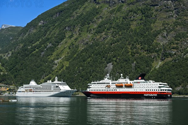 Silver Whisper cruise ships MS and MS Nordkapp in Geirangerfjord