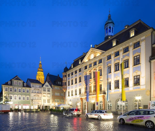 New Town Hall on the market square at dusk