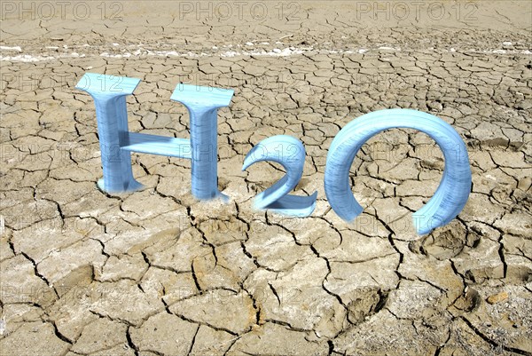 CGI of the letters H2O in cracked soil