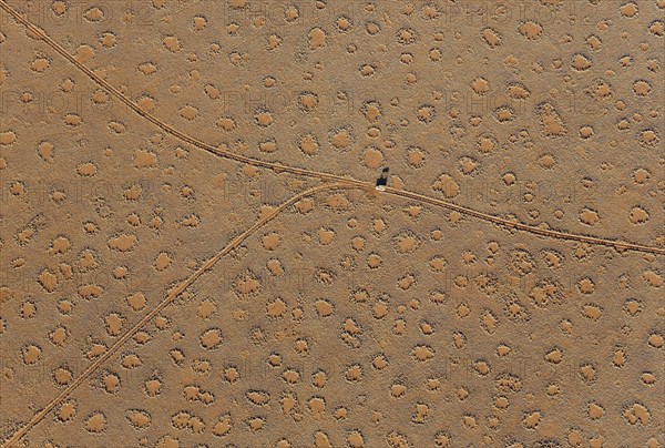 A vehicle of the balloon ground crew crosses a sandy plain with so-called Fairy Circles at the edge of the Namib Desert