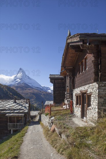 Valais timber houses in the mountain village Findeln with Matterhorn