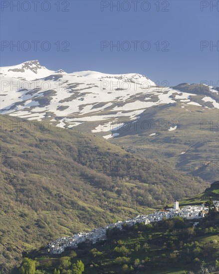 View over the town of Pampaneira towards the snow-capped Sierra Nevada Mountains
