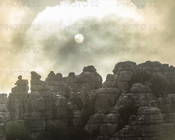 Bizarre limestone rock formations with the sun and fog