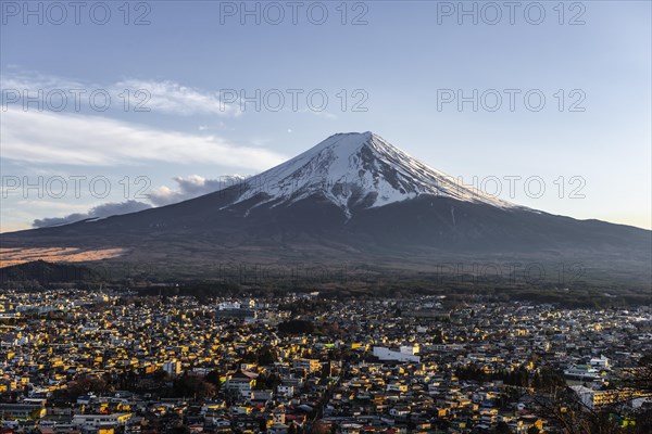 View over Fujiyoshida City and Mount Fuji Volcano
