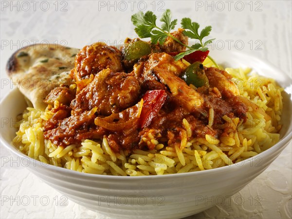Chicken Jalfrezie Indian curry with pilau rice and naan bread