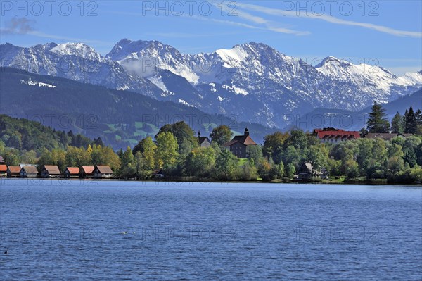 Snow-covered Oberstdorf Mountains behind Buhl am Alpsee with Alpsee lake
