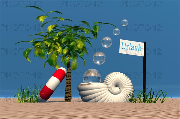 Sign Urlaub or holiday with nautilus shell