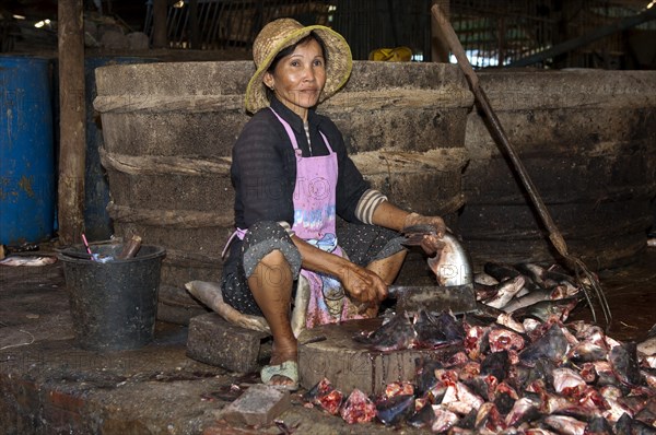 Woman chopping fish at the fish market
