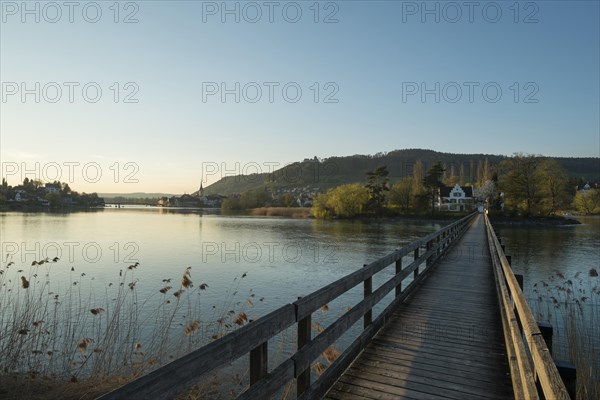 Wooden bridge crossing the Rhine River to the monastery island of Werd