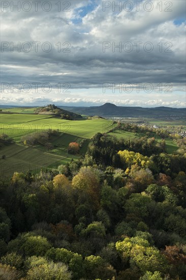 View from the fortress ruins of Hohenkrahen Castle over the Hegau landscape with Magdeberg Mountain and Hohenhewen Mountain