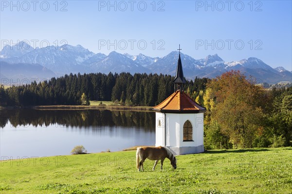 Chapel on Lake Hergratsried with Allgau Alps