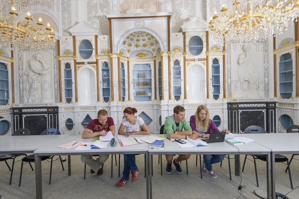 Students studying in the departmental library of the University of Hohenheim in Schloss Hohenheim Palace