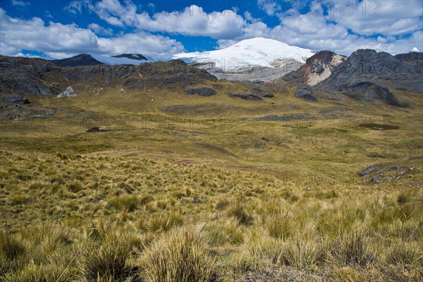 Snow-capped mountain peak rising over a high valley