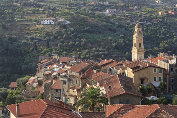 View over the red rooftops of Vallebona with the Church of San Lorenzo