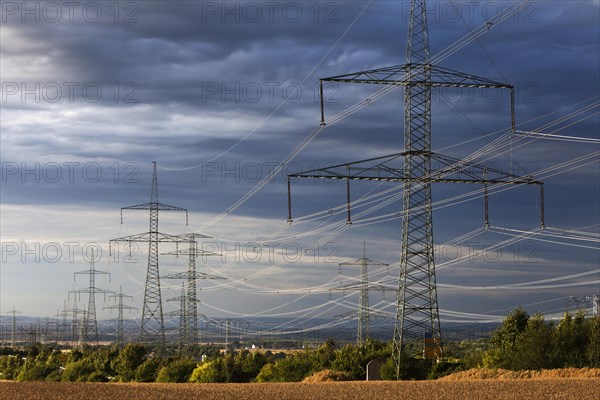 Newly erected high-voltage pylons of the South-West Interconnector of the transmission system operator 50 Hertz