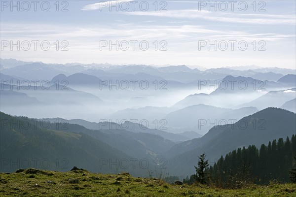 Inn Valley with Pendling Mountain near Kufstein in front of the mountains of the Ziller Valley viewed from Hochries Mountain