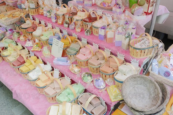 Market stall with various soaps