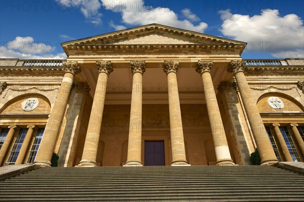 The neo-classical south front of Stowe House with Corinthian columns