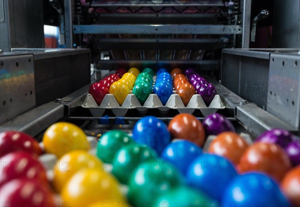 Brightly coloured Easter eggs on a conveyor belt