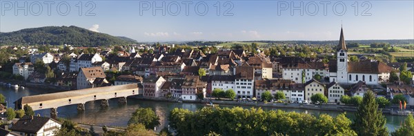 Townscape with its historic wooden bridge over the Rhine