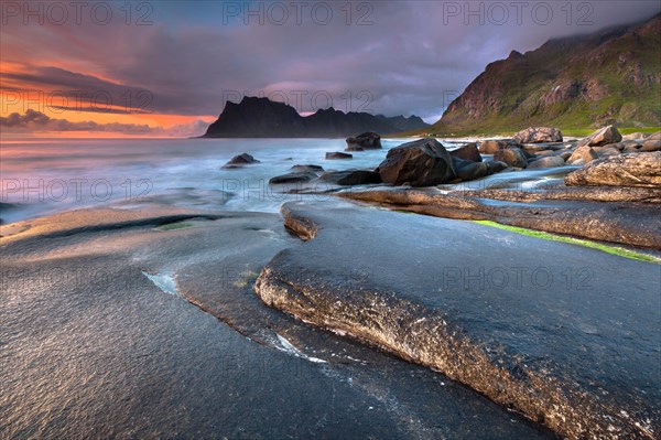 Evening mood at the beach of Utakleiv