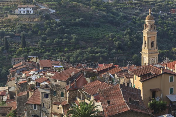 View over the red rooftops of Vallebona with the Church of San Lorenzo