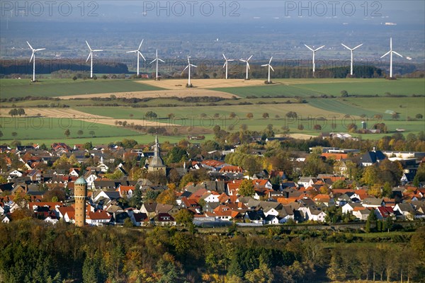 Town of Ruthen with wind power station on Soester Haarstrang ridge