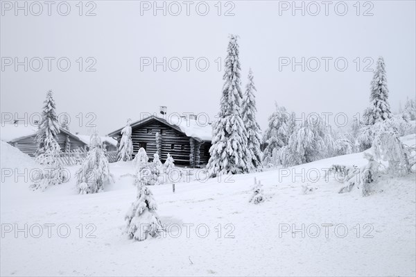 Finnish log cabin in the snow-covered landscape