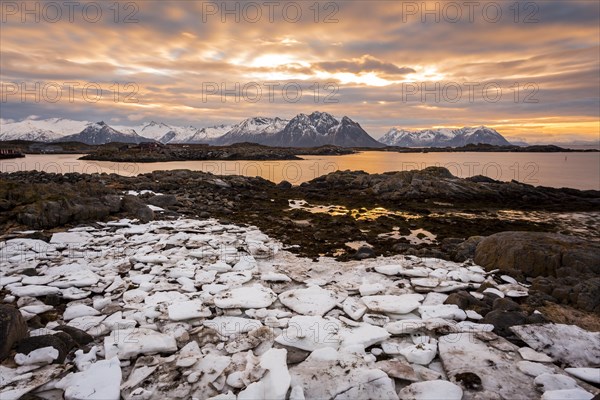 Sunset on the coast of Laukvik in winter