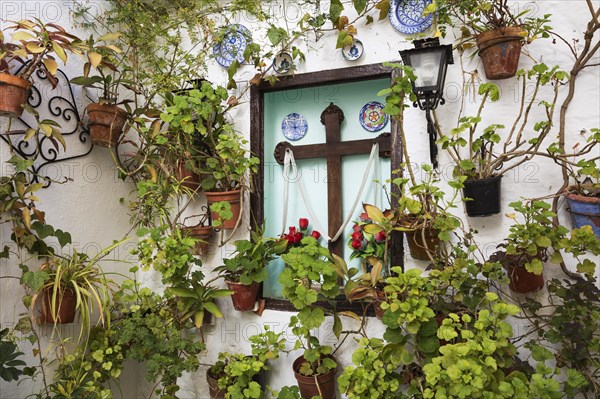Corner with many potted plants and a cross