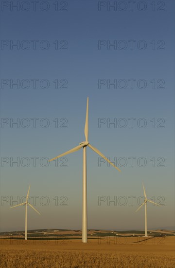 Windmills in the evening light on a wind farm near Sanlucar de Barrameda