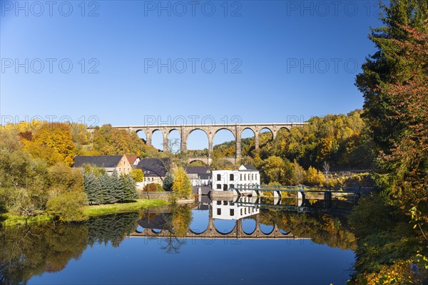 Gohren railway viaduct with reflections in the Zwickauer Mulde river