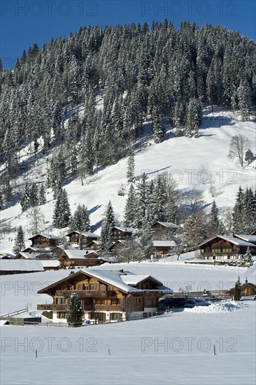 Swiss chalets in a winter landscape in Saanenland