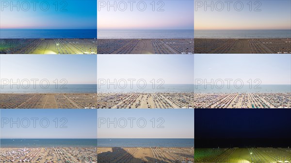 24-hour beach view with parasols and sunloungers