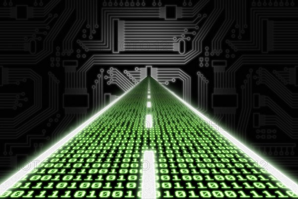 Road made of binary code leading towards a stylized circuit board