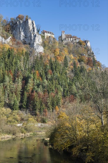 Danube River in the autumnal Danube Valley with Burg Werenwag Castle