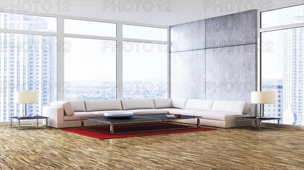 Living room with a corner lounge seating area in front of the windows