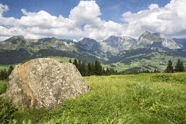 View from Klangweg or Sound Trail on Toggenburg Mountain towards the Alpstein Mountains with Saentis Mountain