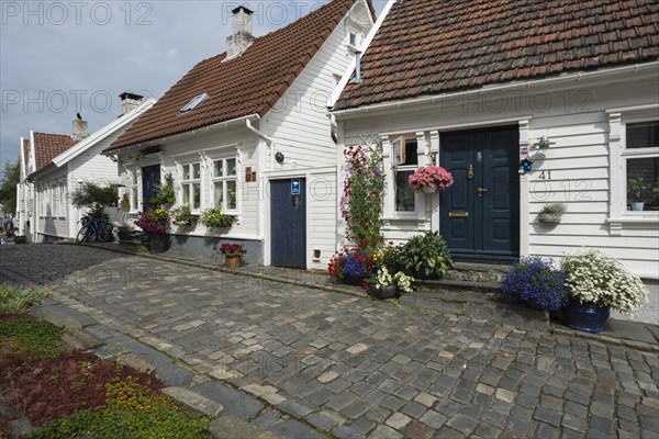 White wooden houses with floral decorations
