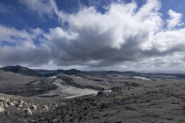 View from the Fimmvorouhals plateau at the long-distance hiking trail from Skogar via Fimmvorouhals to the Thorsmork mountain ridge