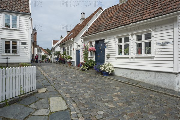 White wooden houses with floral decorations
