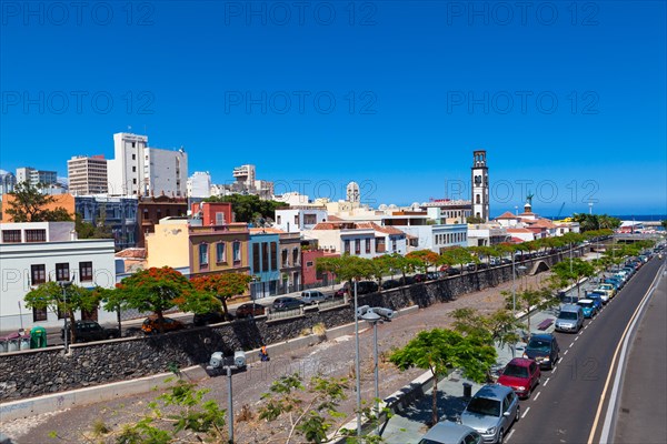 Capital of Santa Cruz de Tenerife with the Barranco de Santos and steeple of the Nuestra Senora de la Concepcion church